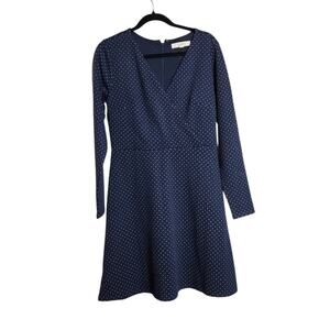 LOFT Blue and White Polka Dot Faux Wrap Midi Dress - Long Sleeve - Size 8
